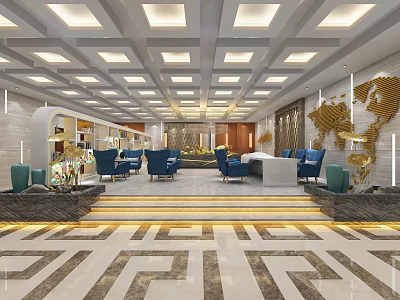 Airport VIP Lounge Interior With Blue Seats Marble Flooring And Golden World Map Decor 3d model