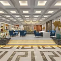 Airport VIP Lounge Interior With Blue Seats Marble Flooring And Golden World Map Decor