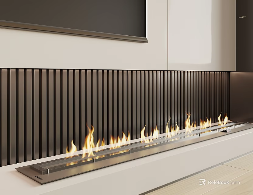 Modern Linear Fireplace Design With Flames And Black Slat Details 3d model 