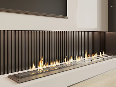 Modern Linear Fireplace Design With Flames And Black Slat Details 3d model
