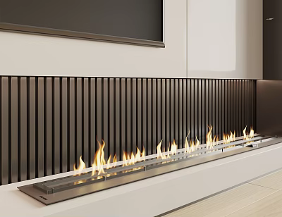 Modern Linear Fireplace Design With Flames And Black Slat Details 3d model