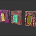 Three Different Colored Tech Components With Futuristic Mechanical Panels And Digital Screens