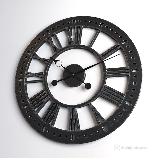 Black Wall Clock With Roman Numerals And Decorative Metal Frame Design 3d model 