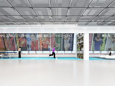 Spacious Indoor Table Tennis Hall With TENNIS HERO Banners And Active Players 3d model