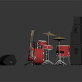 Red Electric Guitars Drum Set With Black Marshall Amplifiers Cymbals And Speakers