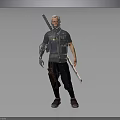 Man with Mechanical Arm and Long Rifle in Cyberpunk Gray Vest and Black Pants