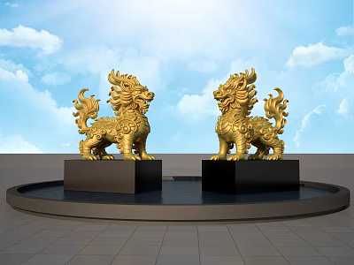Exquisite Golden Qilin Sculptures On Black Pedestals With Blue Sky And Sunlight 3d model