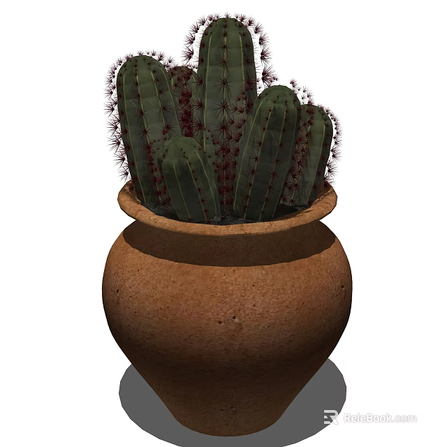 Green Cactus Bonsai Potted Plant in Brown Clay Pot with Spiky Stems 3d model 