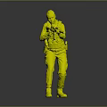Woman In Green Shirt And Tactical Vest Holding Gun With Camouflage Pants On Gray Background