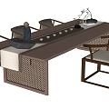 Elegant Chinese Style Wooden Tea Table And Chairs With Rattan Details And Tea Set Decor