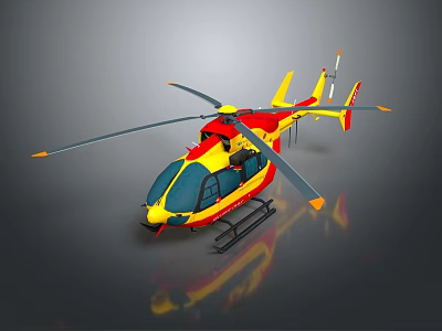 Modern Red and Yellow Helicopter Parked on Grey Background with Rotors and Landing Gear 3d model