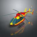 Modern Red and Yellow Helicopter Parked on Grey Background with Rotors and Landing Gear