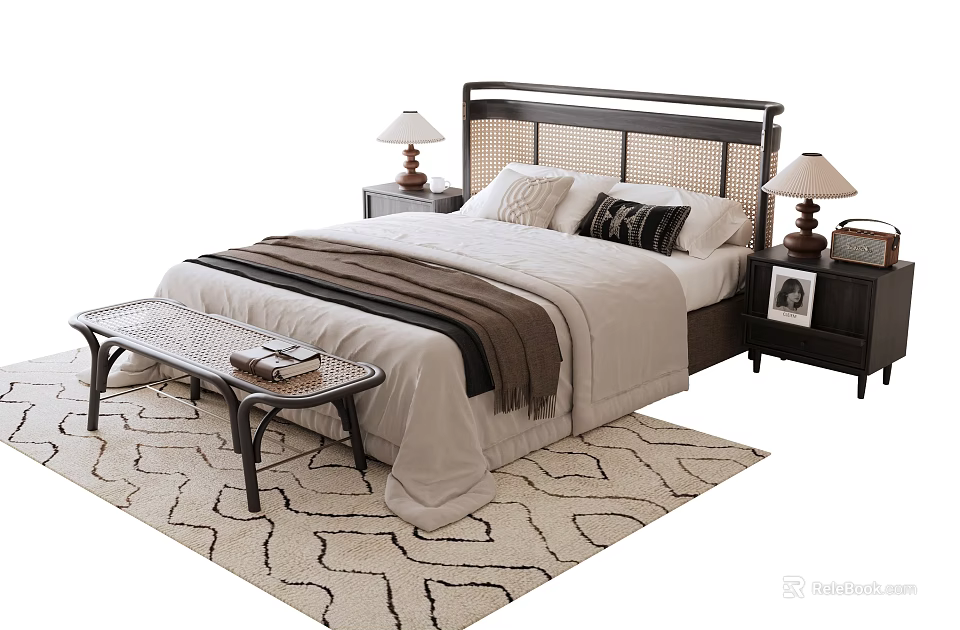 Double Bed With Bedside Tables Table Lamps Blanket Bench And Patterned Rug 3d model 