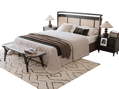 Double Bed With Bedside Tables Table Lamps Blanket Bench And Patterned Rug 3d model