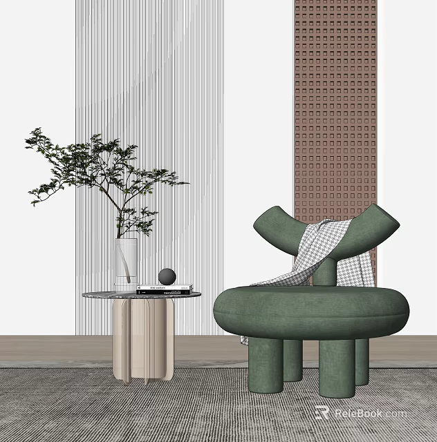 Modern Green Single Sofa With Checkered Blanket Round Table And Striped Grid Wall 3d model