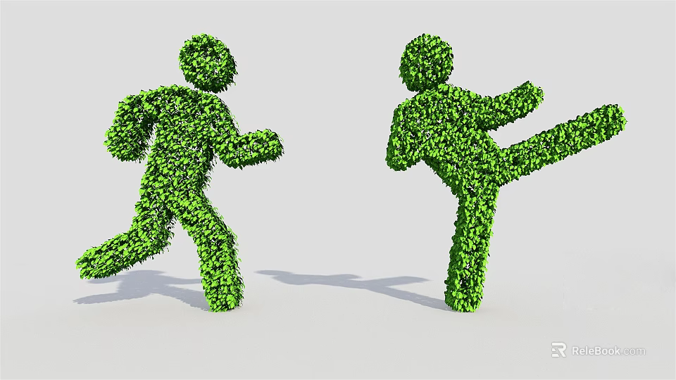 Bush Sculptures Shaped As Human Figures Running And Kicking In Garden 3d model 