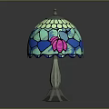 Stained Glass Table Lamp With Pink And Blue Floral Patterns Silver Base And Lace Trim
