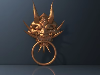 Golden Decorative Door Knocker with Mythical Beast Face Horns and Spikes 3d model