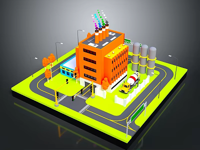 Industrial Site Model With Orange Building Chimneys Storage Tanks Truck Road And Street Lamps 3d model