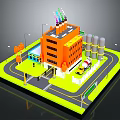 Industrial Site Model With Orange Building Chimneys Storage Tanks Truck Road And Street Lamps