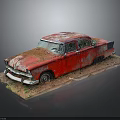Rusty Old Red Car Model Displayed On Dirt And Grass Base