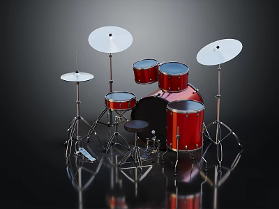 Shiny Red Drum Set Musical Instruments And Art Supplies With Metal Cymbals And Reflection 3d model
