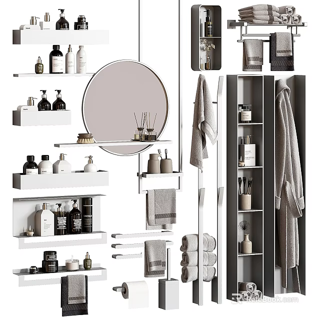 Modern Bathroom Combination With Round Mirror Shelves Towels Toiletries And Storage Solutions 3d model 