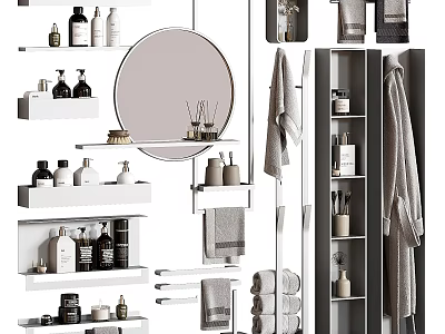 Modern Bathroom Combination With Round Mirror Shelves Towels Toiletries And Storage Solutions 3d model
