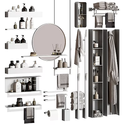 Modern Bathroom Combination With Round Mirror Shelves Towels Toiletries And Storage Solutions 3d model