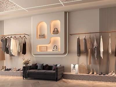 Modern Clothing Store Interior With Fashion Apparel Racks Display Shelves Sofa And Shoes 3d model