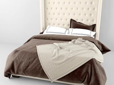 Cozy Double Bed With Tufted Beige Headboard Brown Comforter And Pillows 3d model
