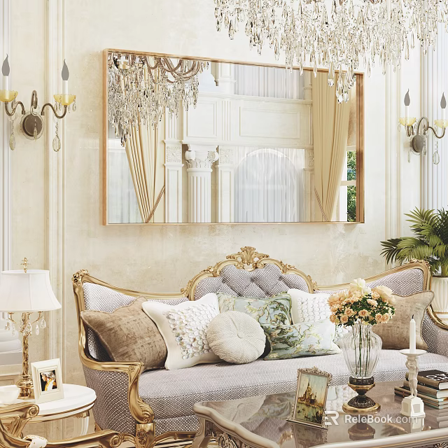 Elegant Large Mirror in Living Room with Chandelier Above Ornate Sofa and Decorative Pillows 3d model 