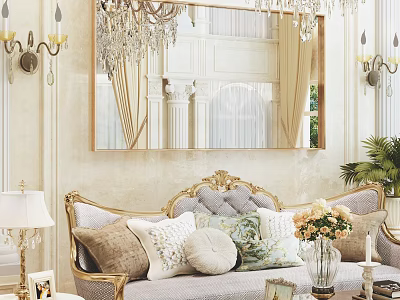 Elegant Large Mirror in Living Room with Chandelier Above Ornate Sofa and Decorative Pillows 3d model