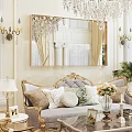 Elegant Large Mirror in Living Room with Chandelier Above Ornate Sofa and Decorative Pillows