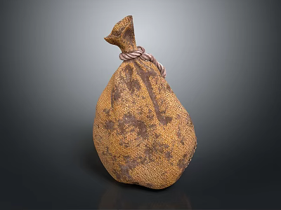 Worn Brownish Yellow Burlap Storage Bag With Stained Surface And Rope Tie 3d model