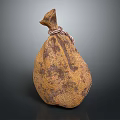 Worn Brownish Yellow Burlap Storage Bag With Stained Surface And Rope Tie