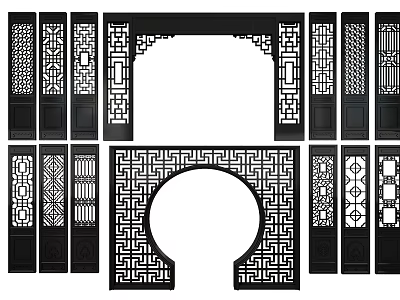 Chinese Style Carved Lattice Room Dividers With Circular Arch And Geometric Patterns 3d model