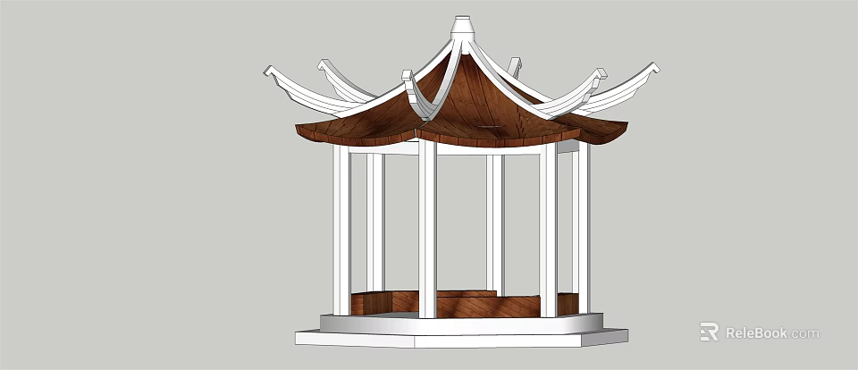 Traditional Chinese Style Pavilion With Brown Roof White Pillars Curved Eaves And Wooden Base 3d model 