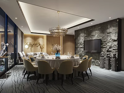 Elegant Modern Private Dining Room With Round Table Chandelier Stone Wall And Chairs 3d model