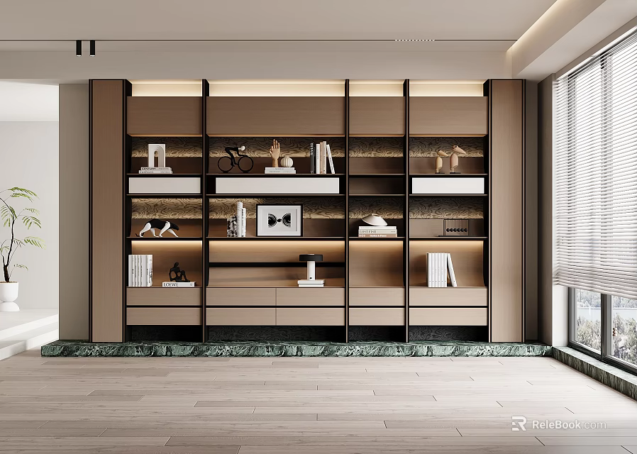 Modern Bookcase Design With Wooden Shelves Metal Frame And Decorative Items In Bright Interior Space 3d model 