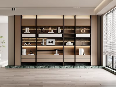 Modern Bookcase Design With Wooden Shelves Metal Frame And Decorative Items In Bright Interior Space 3d model