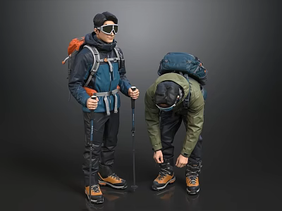Two Men In Outdoor Gear With Backpacks Standing And Bending To Tie Shoelaces 3d model