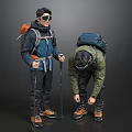 Two Men In Outdoor Gear With Backpacks Standing And Bending To Tie Shoelaces