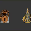 3D Rendered Vintage Industrial Mechanical Equipment Models with Gears Valves Pipes Orange Blue Metal Texture