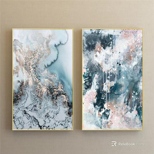 Framed Abstract Paintings With Blue Pink Gold Textures And Splatter Design For Wall Decor 3d model 