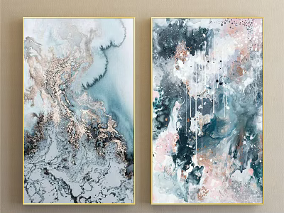 Framed Abstract Paintings With Blue Pink Gold Textures And Splatter Design For Wall Decor 3d model