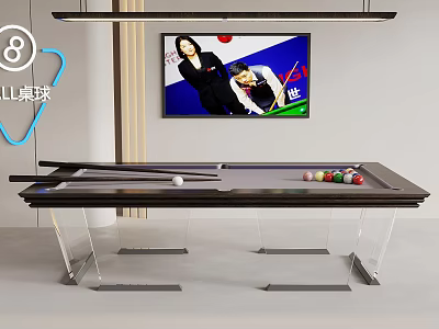 Modern Billiard Table With Transparent Legs Cues Balls And TV Screen Hanging Light 3d model
