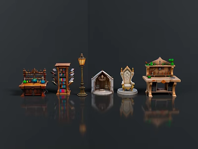 Detailed Miniature Scene Components With Bookcase Table Street Lamp Small House Throne And Decorative Table 3d model