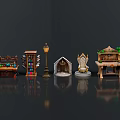 Detailed Miniature Scene Components With Bookcase Table Street Lamp Small House Throne And Decorative Table