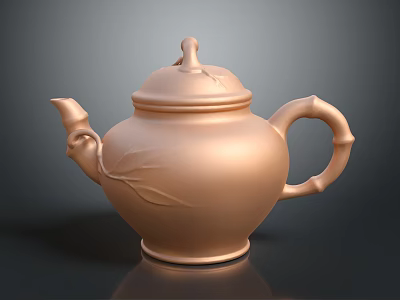 Elegant Golden Teapot With Bamboo Shaped Handle And Leaf Carvings 3d model